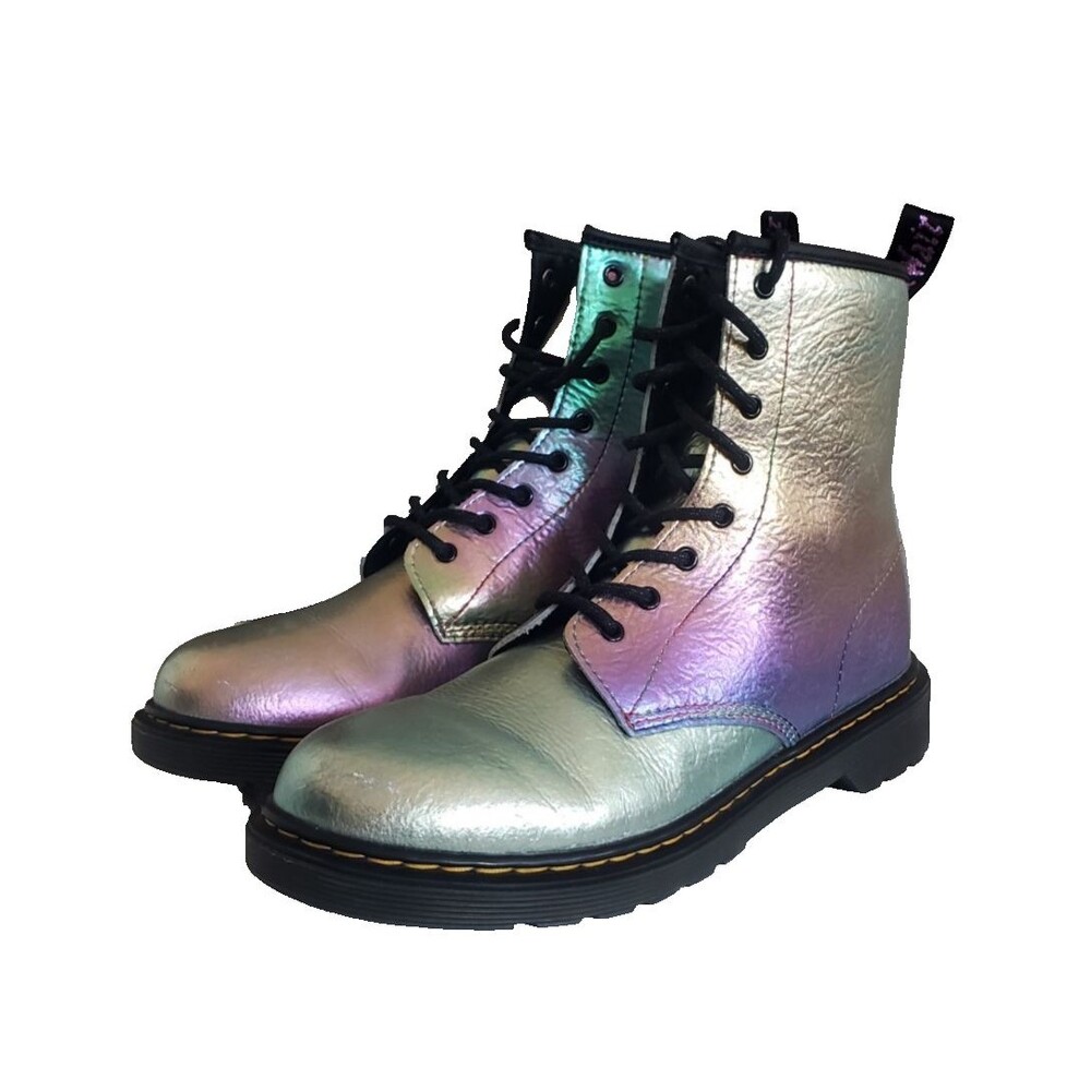Doc Martens 1460 J Combat Ankle Boots Size 7 Laces Silver Reflective Holo Biker